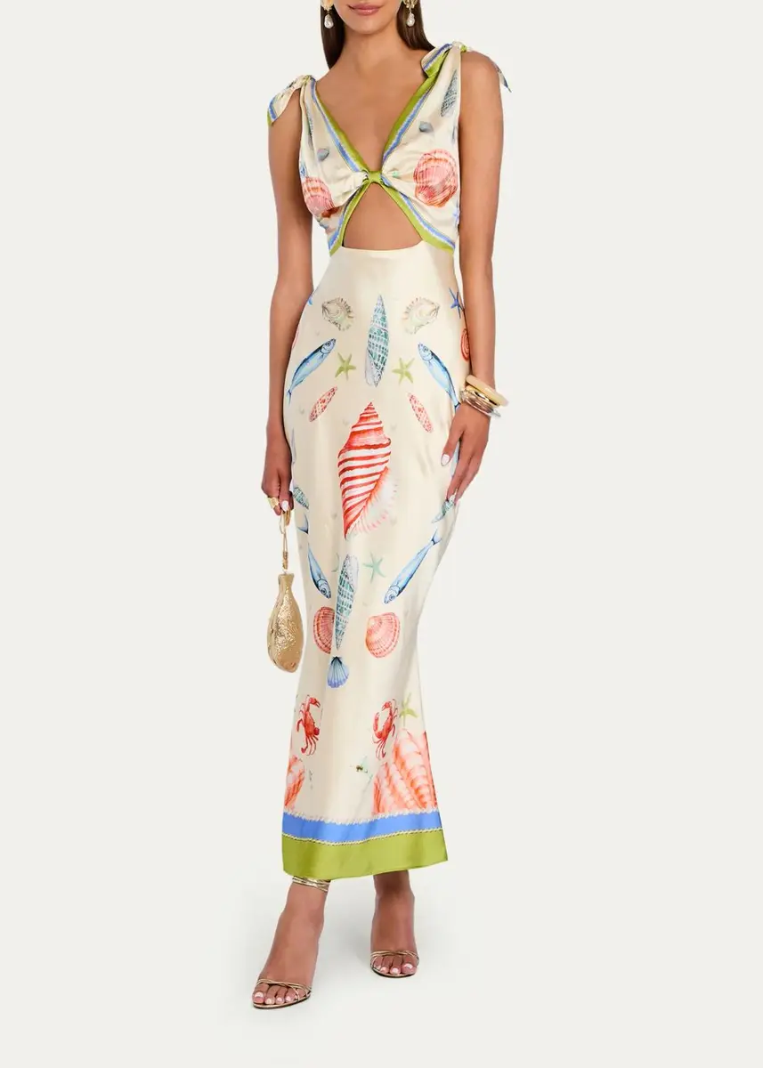 Retrofête Carlotte Seashell-Print Silk Satin Midi Dress | Thumbnail 2 Retrofête Carlotte Seashell-Print Silk Satin Midi Dress | Thumbnail 2