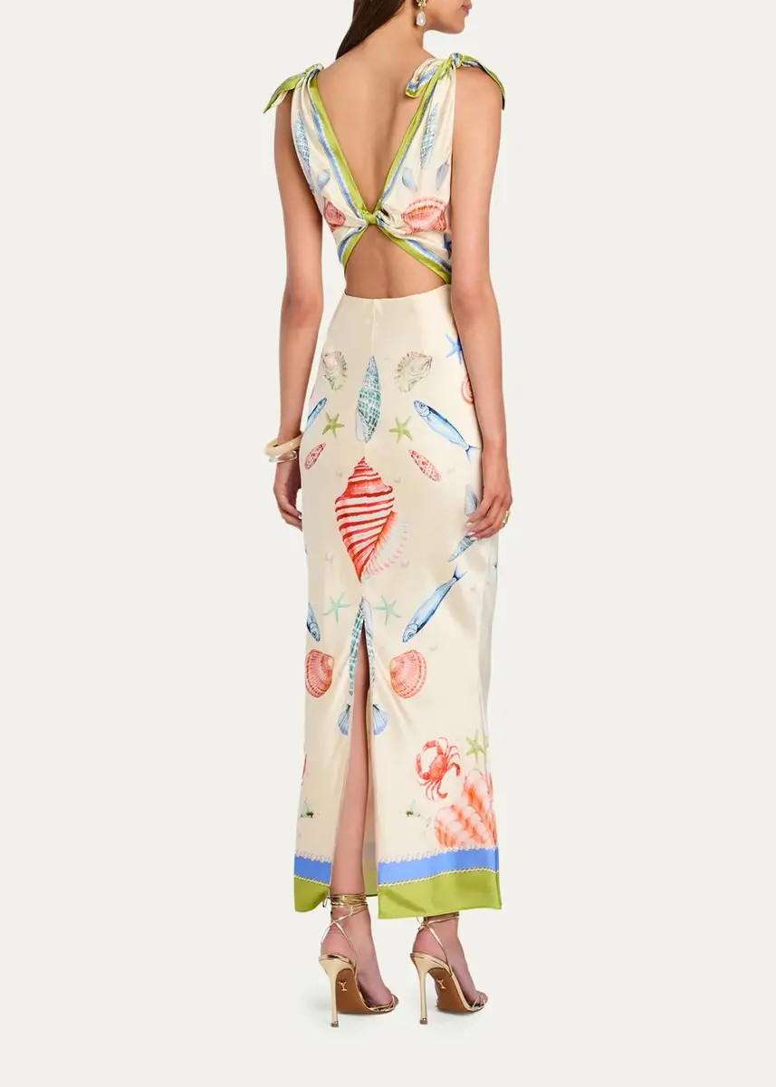Retrofête Carlotte Seashell-Print Silk Satin Midi Dress | Thumbnail 3 Retrofête Carlotte Seashell-Print Silk Satin Midi Dress | Thumbnail 3