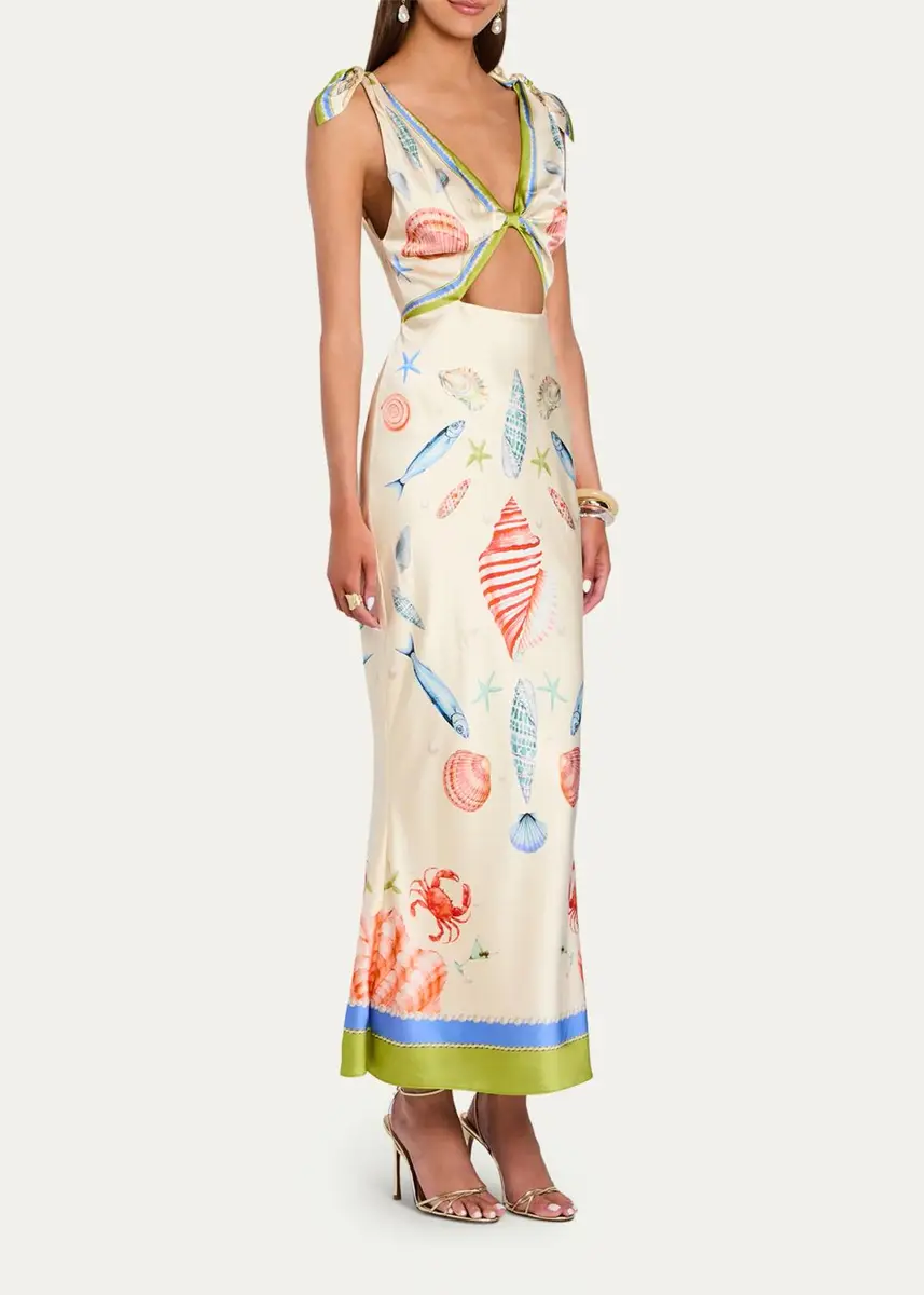 Retrofête Carlotte Seashell-Print Silk Satin Midi Dress | Thumbnail 4 Retrofête Carlotte Seashell-Print Silk Satin Midi Dress | Thumbnail 4