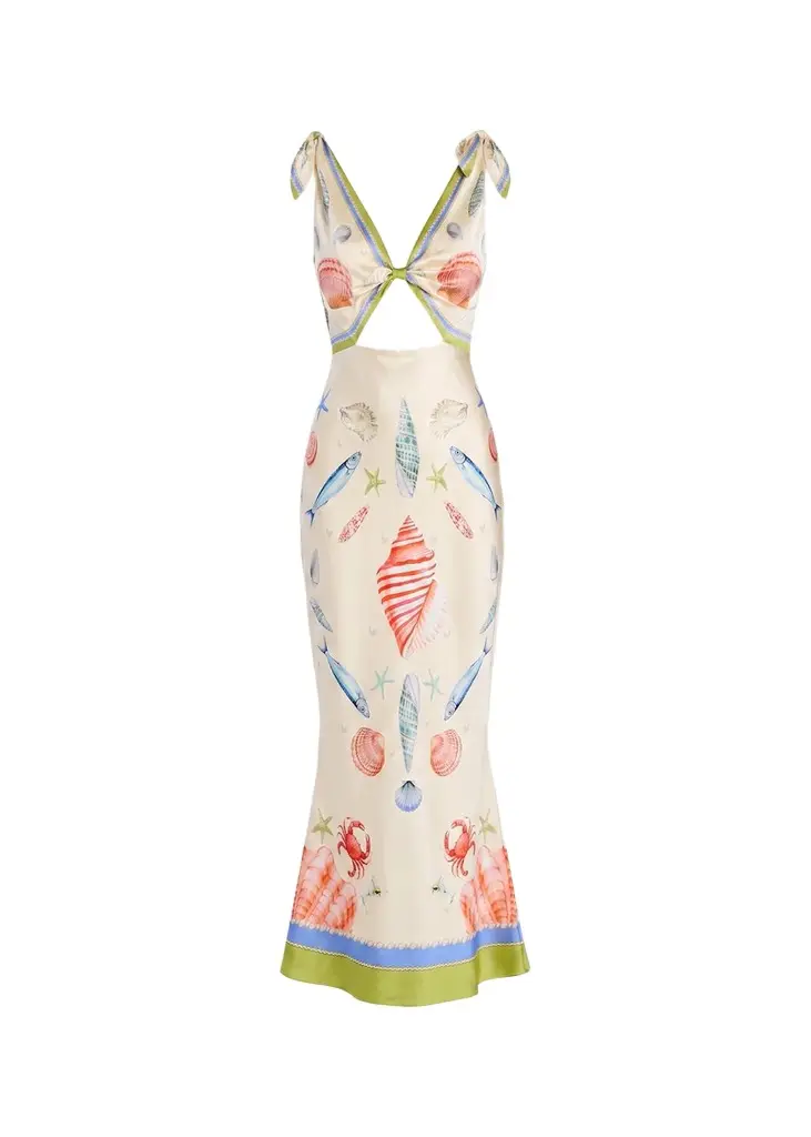 Retrofête Carlotte Seashell-Print Silk Satin Midi Dress