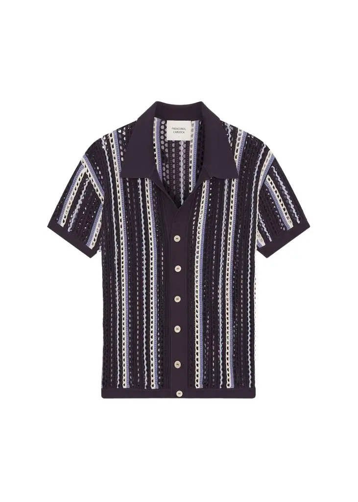 Frescobol Carioca Men's Striped Short-Sleeve Crochet Cardigan | Image 1 Frescobol Carioca Men's Striped Short-Sleeve Crochet Cardigan | Image 1