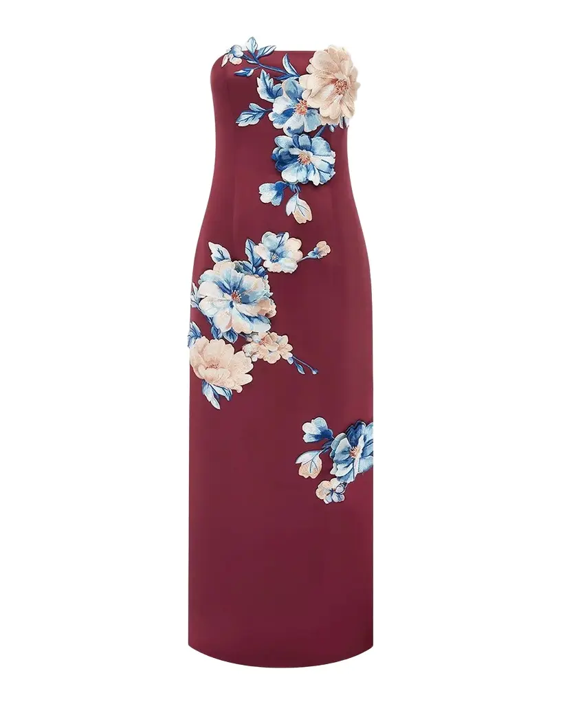 LEO LIN Rayna Strapless Floral Applique Column Gown