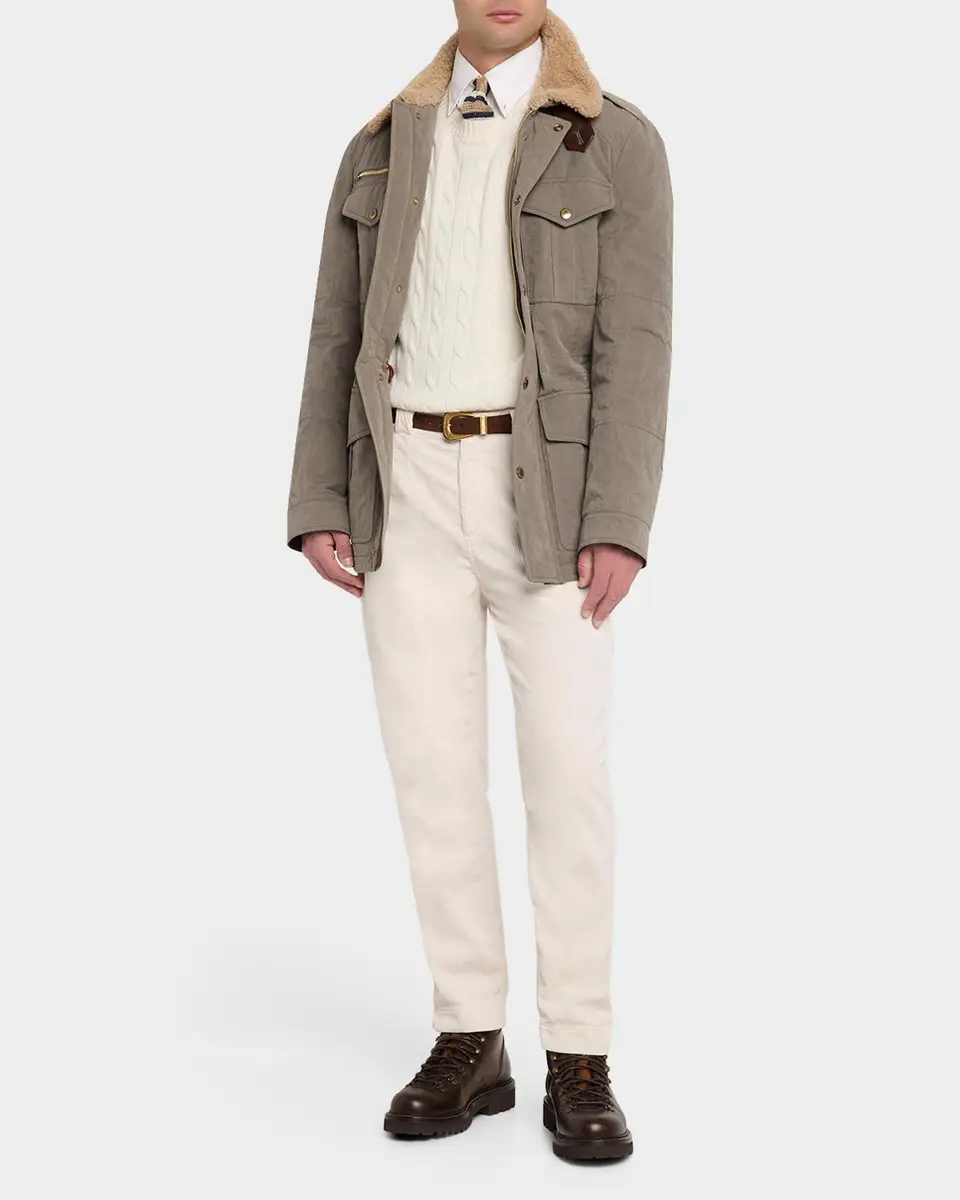 Brunello Cucinelli Men's Shearling-Collar Waxed Techno Cotton Safari Jacket | Thumbnail 2 Brunello Cucinelli Men's Shearling-Collar Waxed Techno Cotton Safari Jacket | Thumbnail 2