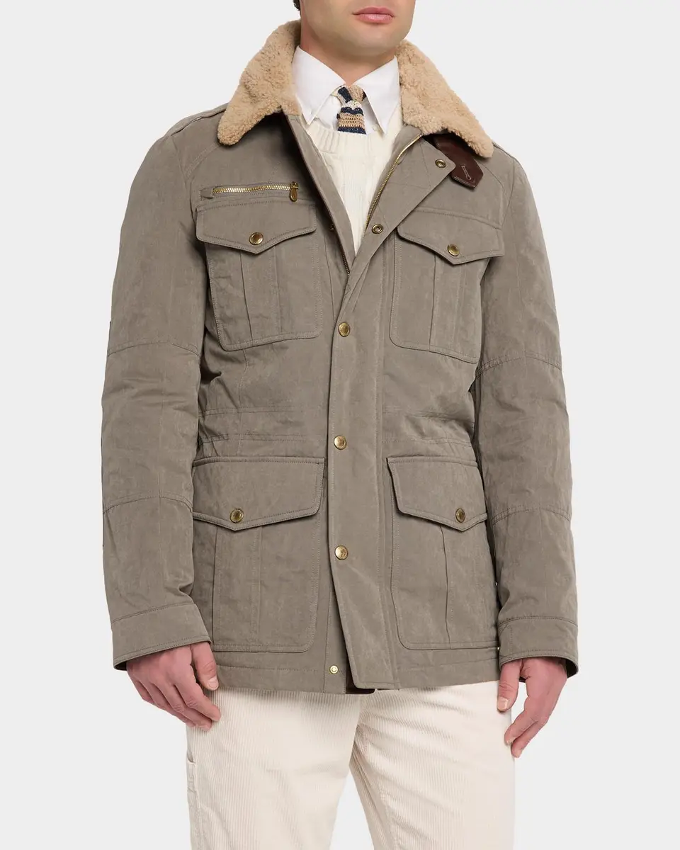 Brunello Cucinelli Men's Shearling-Collar Waxed Techno Cotton Safari Jacket | Thumbnail 4 Brunello Cucinelli Men's Shearling-Collar Waxed Techno Cotton Safari Jacket | Thumbnail 4