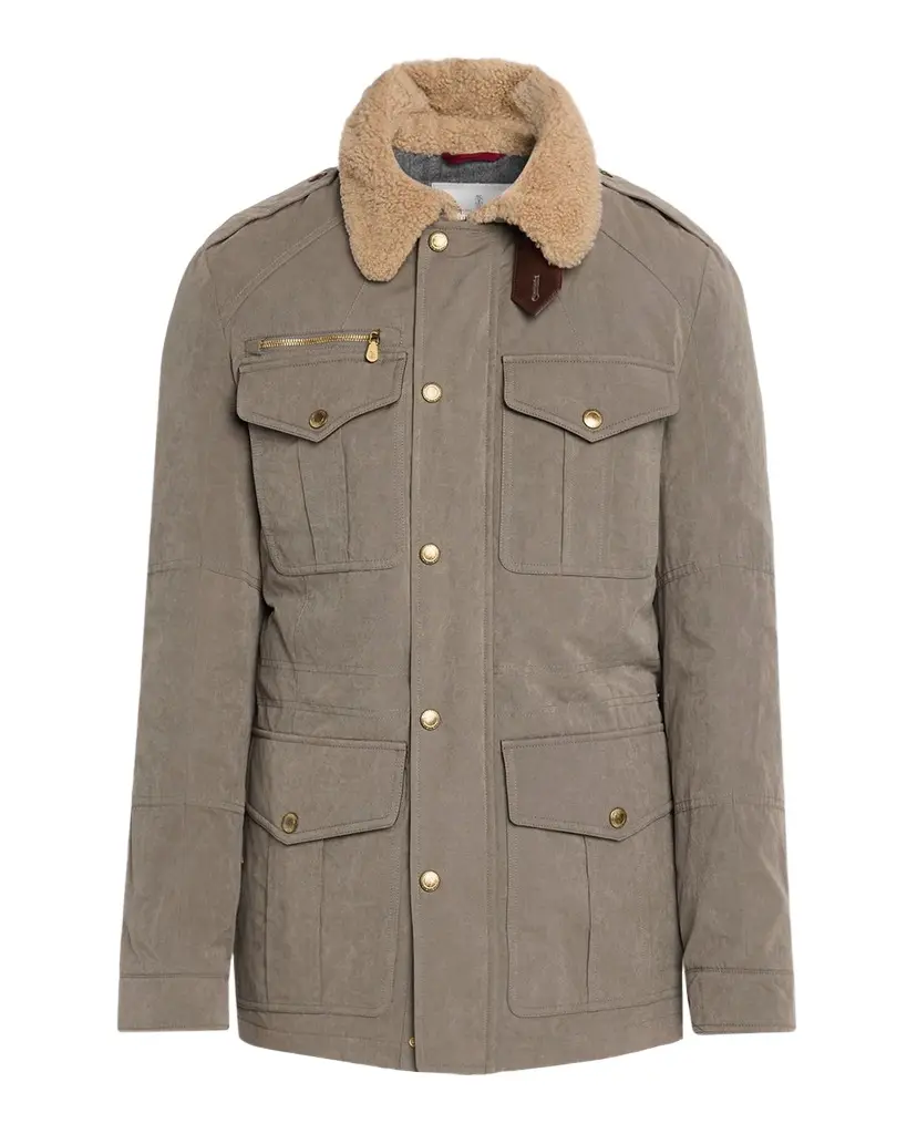 Brunello Cucinelli Men's Shearling-Collar Waxed Techno Cotton Safari Jacket
