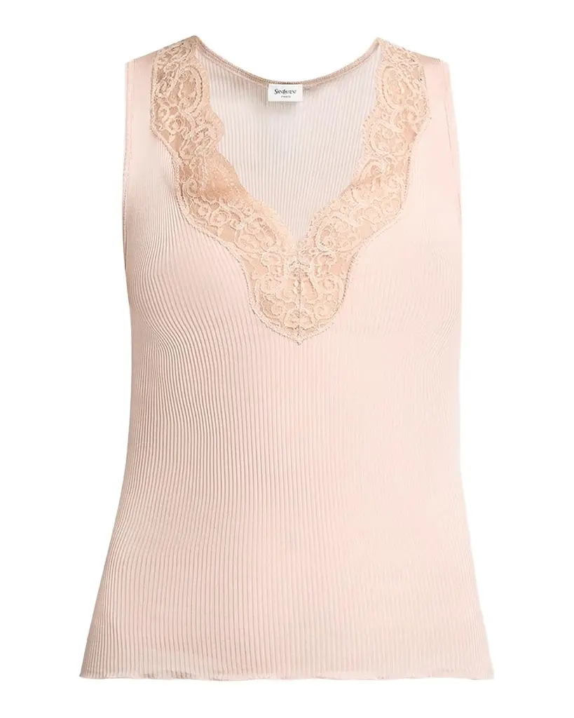 Saint Laurent Ribbed Silk Laced Tank Top