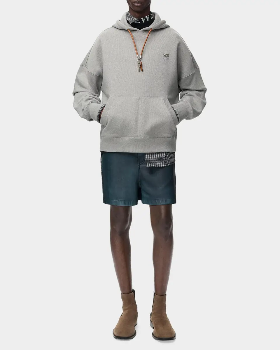 Loewe Men's Relaxed Fit Fleece Leather-Drawstring Hoodie | Thumbnail 2 Loewe Men's Relaxed Fit Fleece Leather-Drawstring Hoodie | Thumbnail 2