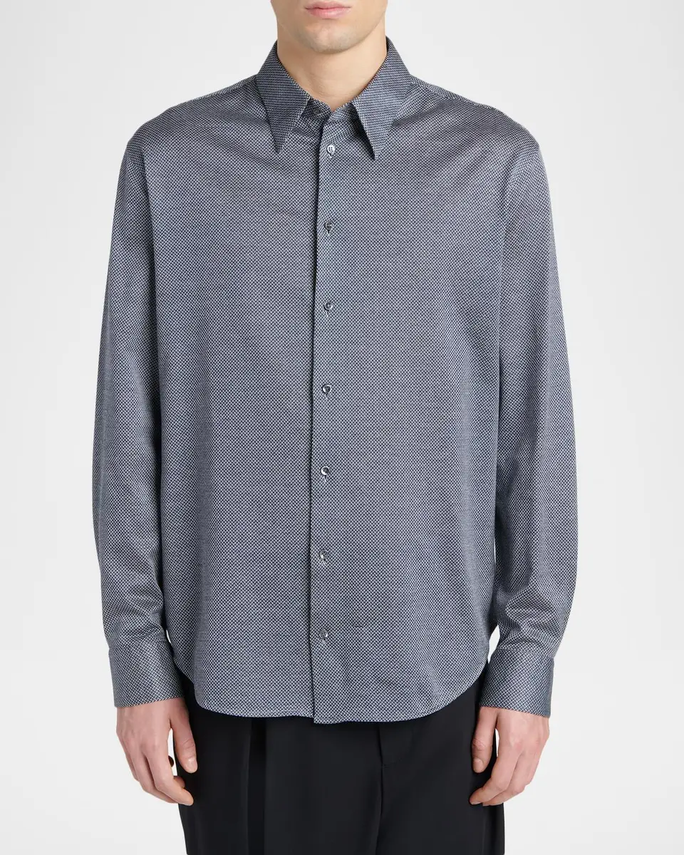 Giorgio Armani Men's Silk-Blend Micro-Chevron Button-Down Shirt | Thumbnail 4 Giorgio Armani Men's Silk-Blend Micro-Chevron Button-Down Shirt | Thumbnail 4