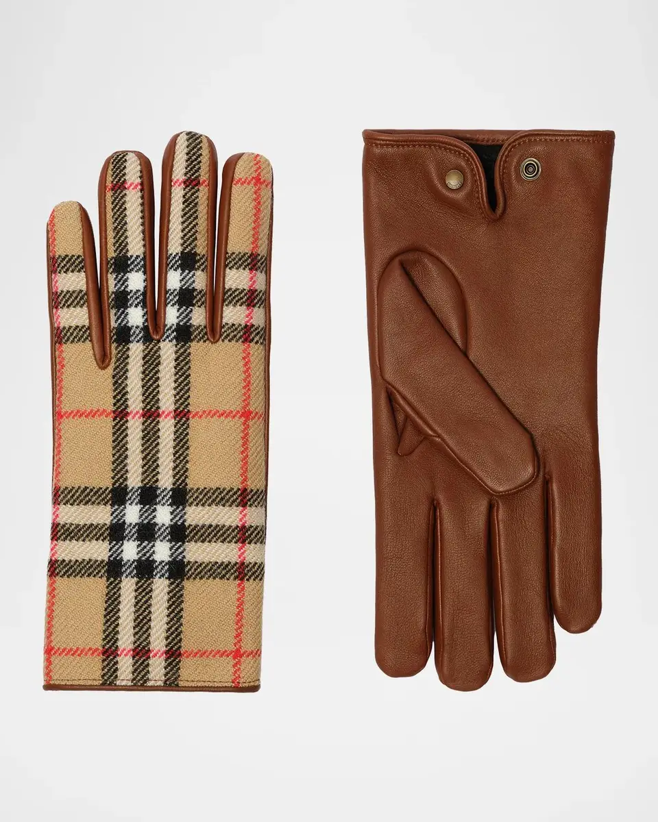 Burberry Men's Check Wool and Leather Gloves | Thumbnail 2 Burberry Men's Check Wool and Leather Gloves | Thumbnail 2