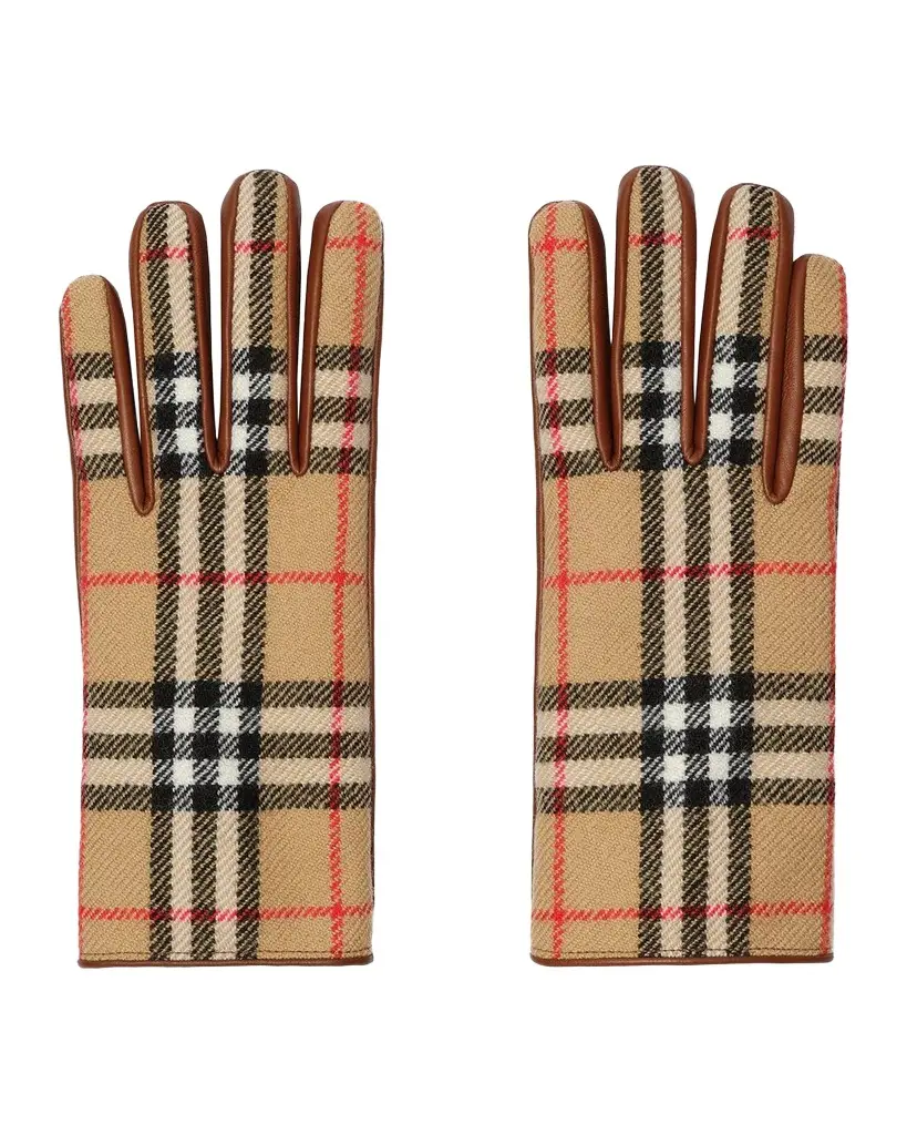 Burberry Men's Check Wool and Leather Gloves | Image 1 Burberry Men's Check Wool and Leather Gloves | Image 1