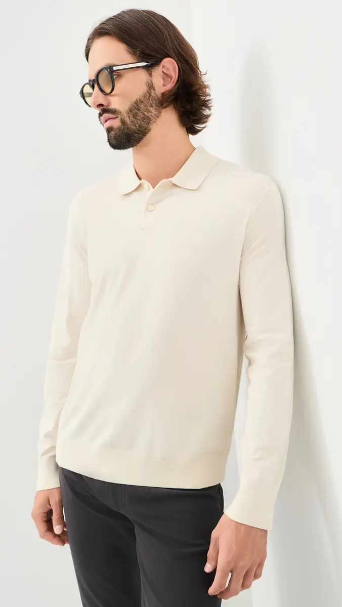 Theory Goris Long Sleeve Polo in Light Bilen Oat Milk | Thumbnail 2 Theory Goris Long Sleeve Polo in Light Bilen Oat Milk | Thumbnail 2