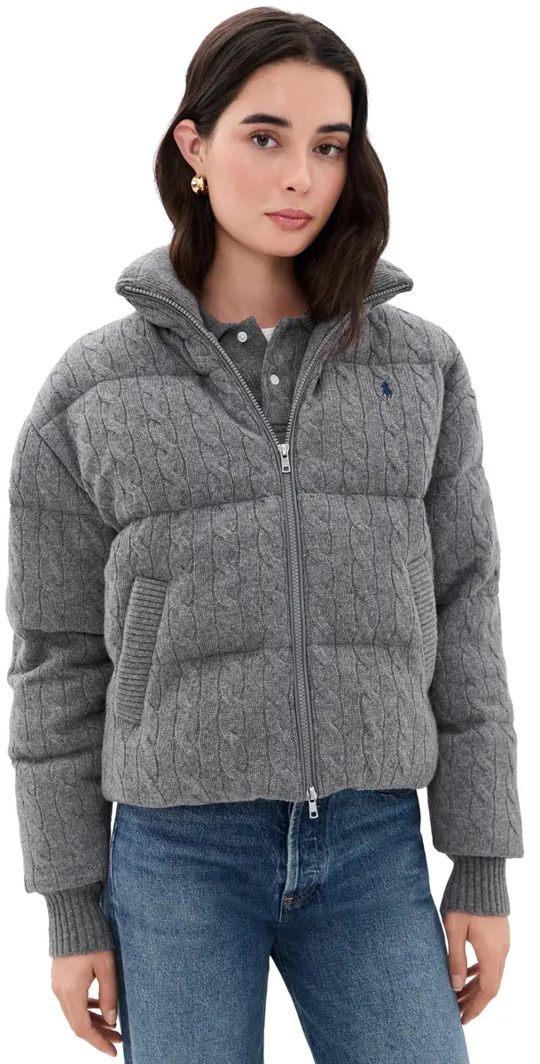Polo Ralph Lauren Cable Knit Wool Cashmere Puffer Jacket Flannel Grey Heather | Image 1 Polo Ralph Lauren Cable Knit Wool Cashmere Puffer Jacket Flannel Grey Heather | Image 1