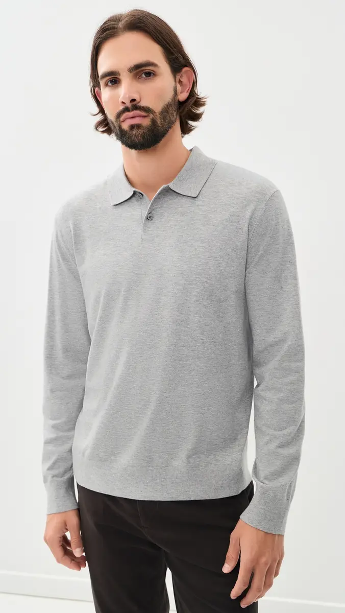 Theory Goris Long Sleeve Polo in Light Bilen Light Heather Grey | Thumbnail 2 Theory Goris Long Sleeve Polo in Light Bilen Light Heather Grey | Thumbnail 2