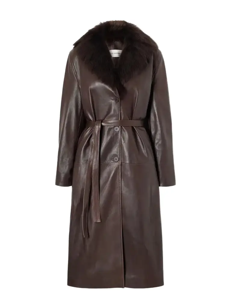Nour Hammour Niven Belted Shearling-trimmed Leather Trench | Image 1 Nour Hammour Niven Belted Shearling-trimmed Leather Trench | Image 1