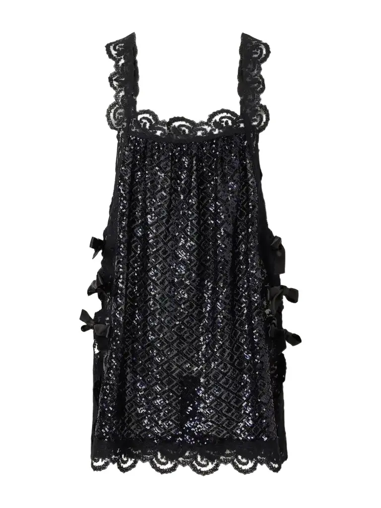 Loretta Caponi Fiocchini Bow-detailed Sequin-embellished Lace-trimmed Organza Mini Dress