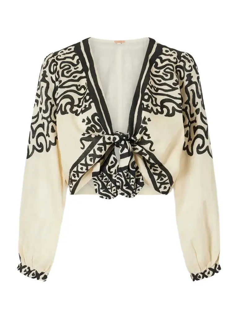 Johanna Ortiz Ancient Markings Tie-detailed Printed Linen Cropped Top | Image 1 Johanna Ortiz Ancient Markings Tie-detailed Printed Linen Cropped Top | Image 1