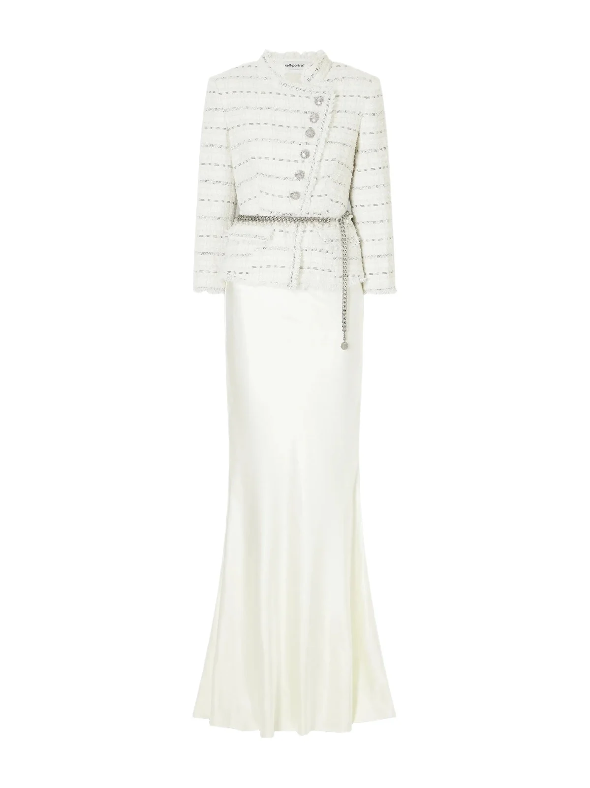 Belted Satin And Bouclé Maxi Dress
