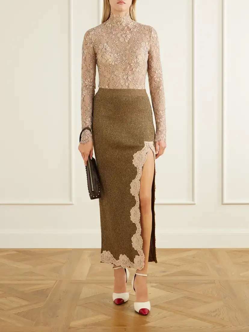Valentino Garavani Lace-trimmed Ribbed Lurex Midi Skirt | Thumbnail 2 Valentino Garavani Lace-trimmed Ribbed Lurex Midi Skirt | Thumbnail 2