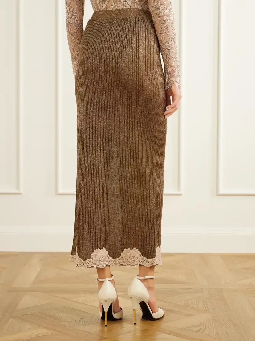 Valentino Garavani Lace-trimmed Ribbed Lurex Midi Skirt | Thumbnail 3 Valentino Garavani Lace-trimmed Ribbed Lurex Midi Skirt | Thumbnail 3