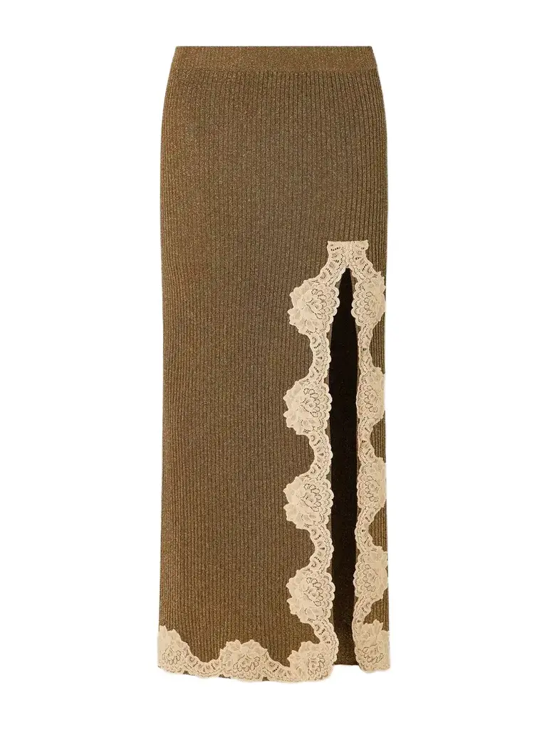 Valentino Garavani Lace-trimmed Ribbed Lurex Midi Skirt