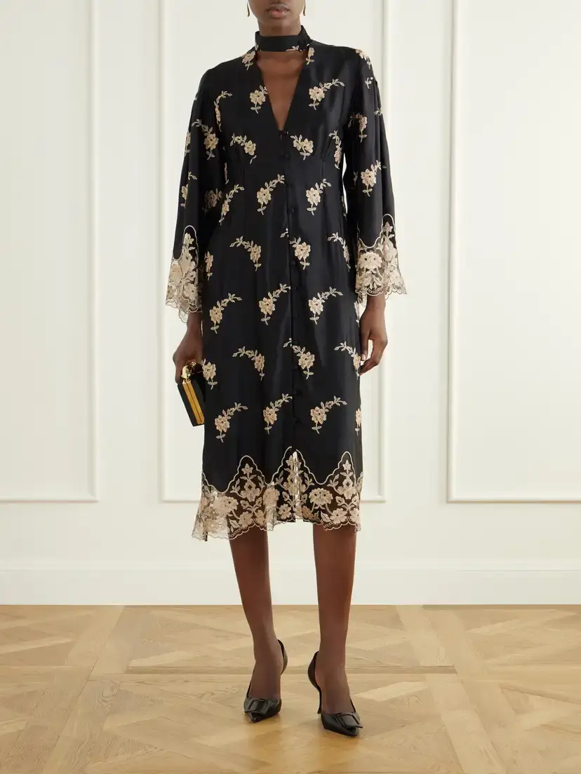 Loretta Caponi Sinalunga Floral-embroidered Lace-trimmed Satin Midi Dress | Thumbnail 2