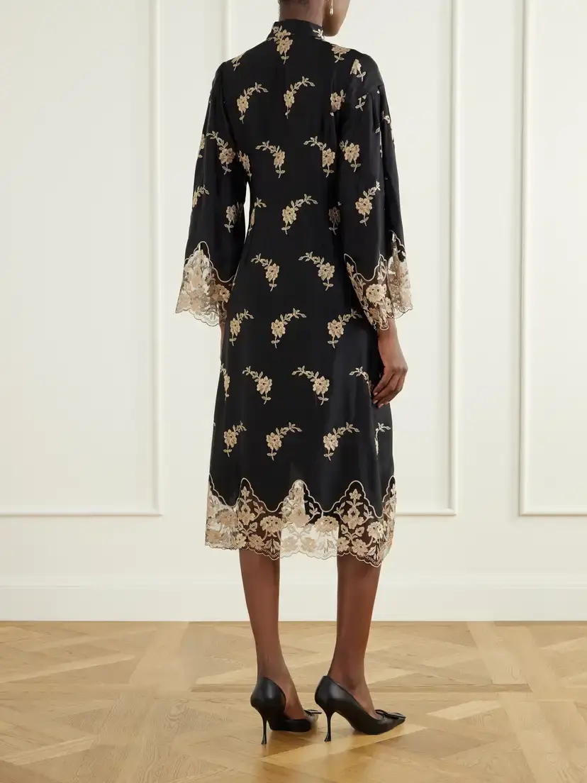 Loretta Caponi Sinalunga Floral-embroidered Lace-trimmed Satin Midi Dress | Thumbnail 3