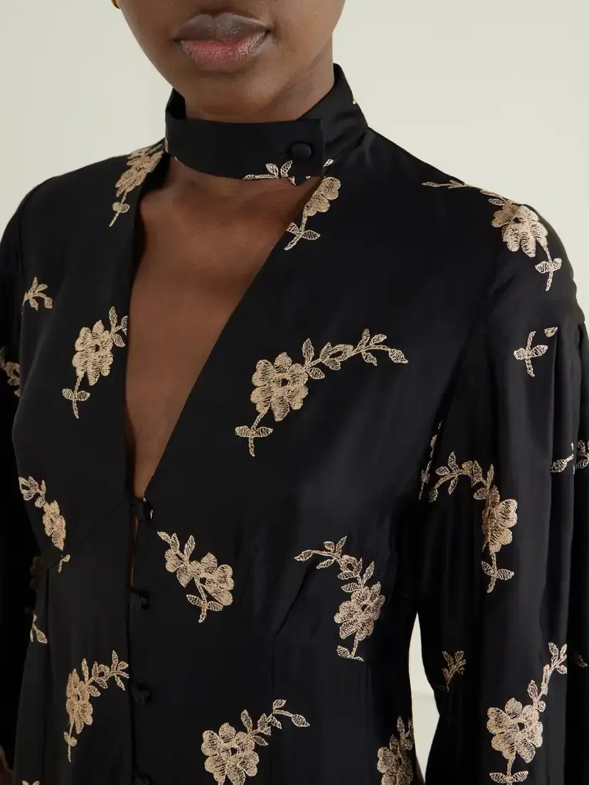 Loretta Caponi Sinalunga Floral-embroidered Lace-trimmed Satin Midi Dress | Thumbnail 4
