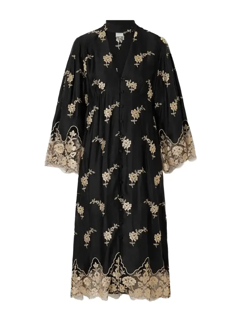 Loretta Caponi Sinalunga Floral-embroidered Lace-trimmed Satin Midi Dress