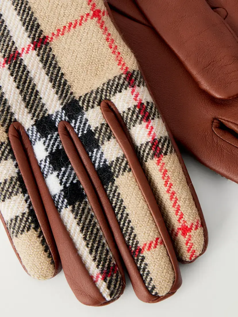 Burberry Checked Leather And Wool Gloves - Neutrals | Thumbnail 2 Burberry Checked Leather And Wool Gloves - Neutrals | Thumbnail 2