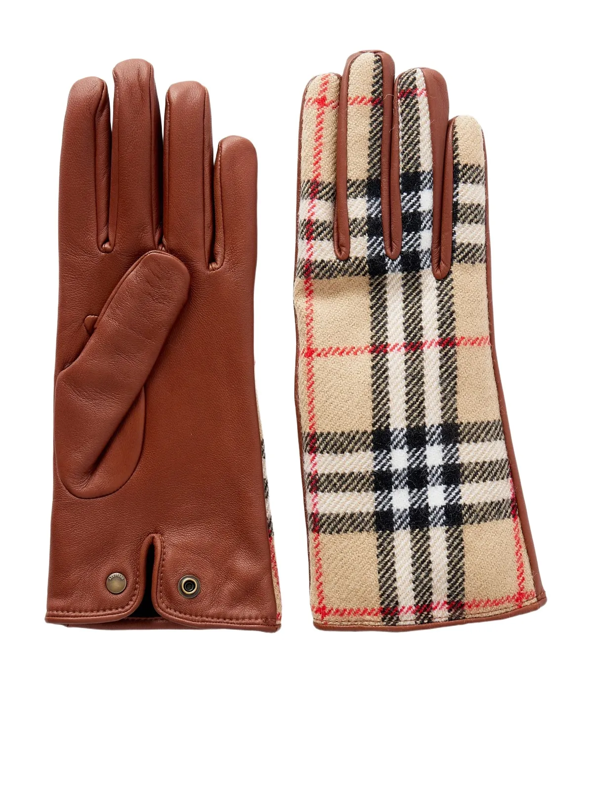 Checked Leather And Wool Gloves - Neutrals