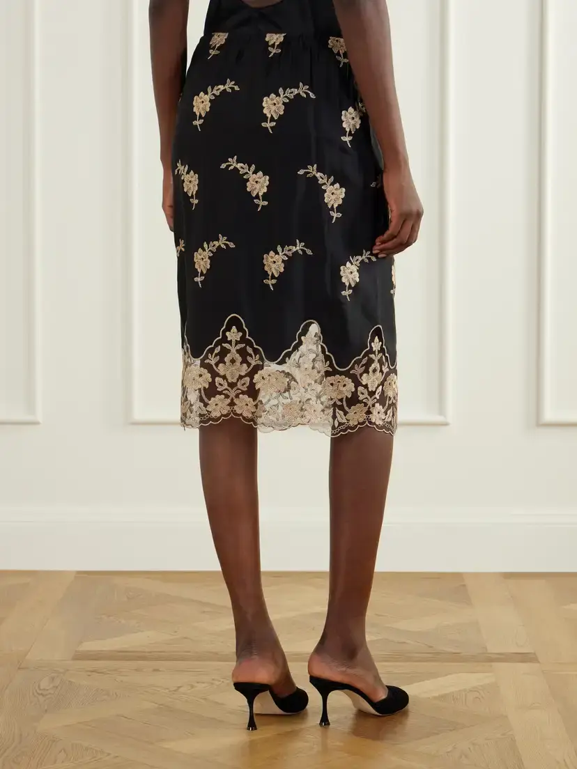 Loretta Caponi Lucinda Floral-embroidered Lace-trimmed Satin Midi Skirt | Thumbnail 3 Loretta Caponi Lucinda Floral-embroidered Lace-trimmed Satin Midi Skirt | Thumbnail 3