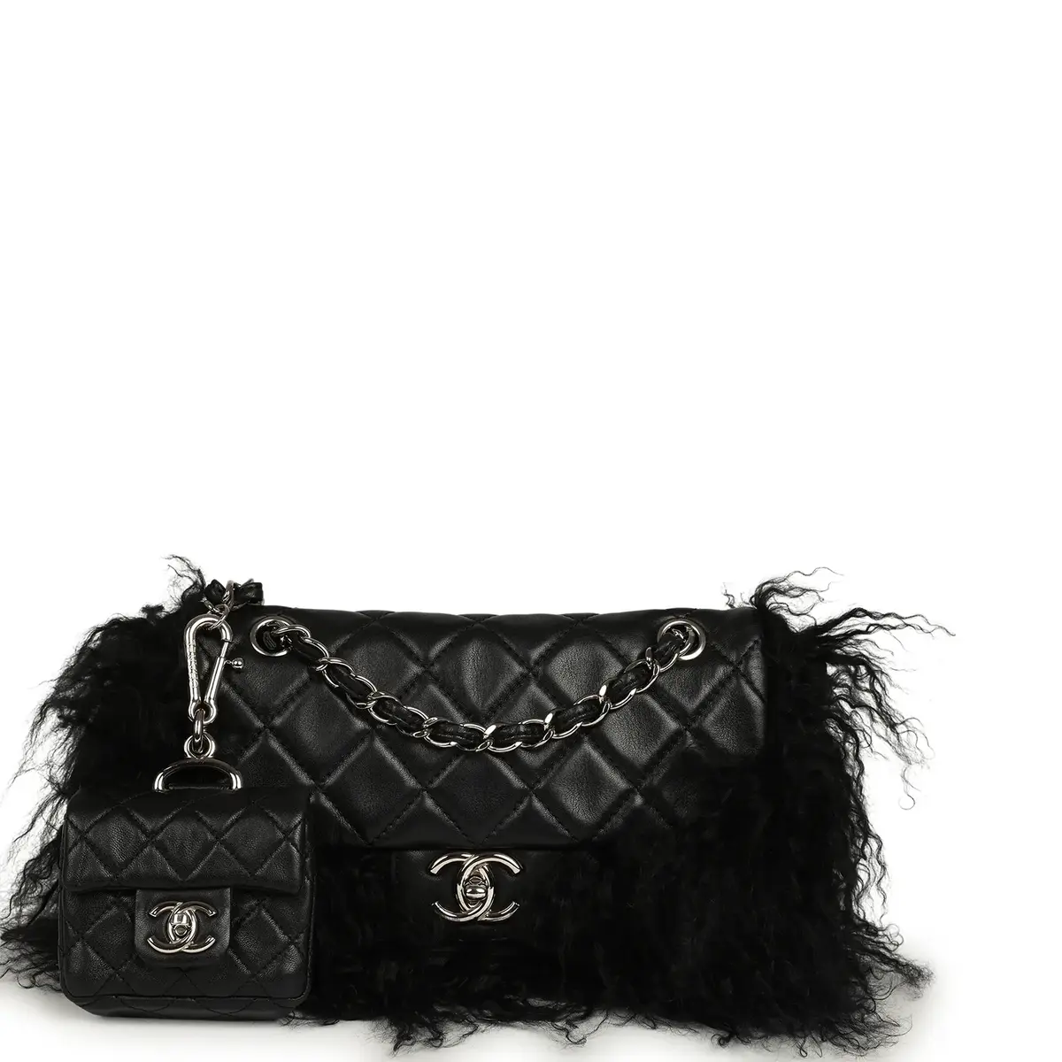 Chanel Pre-owned Chanel Medium "Tibet" Flap Bag & Mini Flap Bag Charm Black Lambskin, Goat Fur Silver Hardware | Image 1 Chanel Pre-owned Chanel Medium "Tibet" Flap Bag & Mini Flap Bag Charm Black Lambskin, Goat Fur Silver Hardware | Image 1