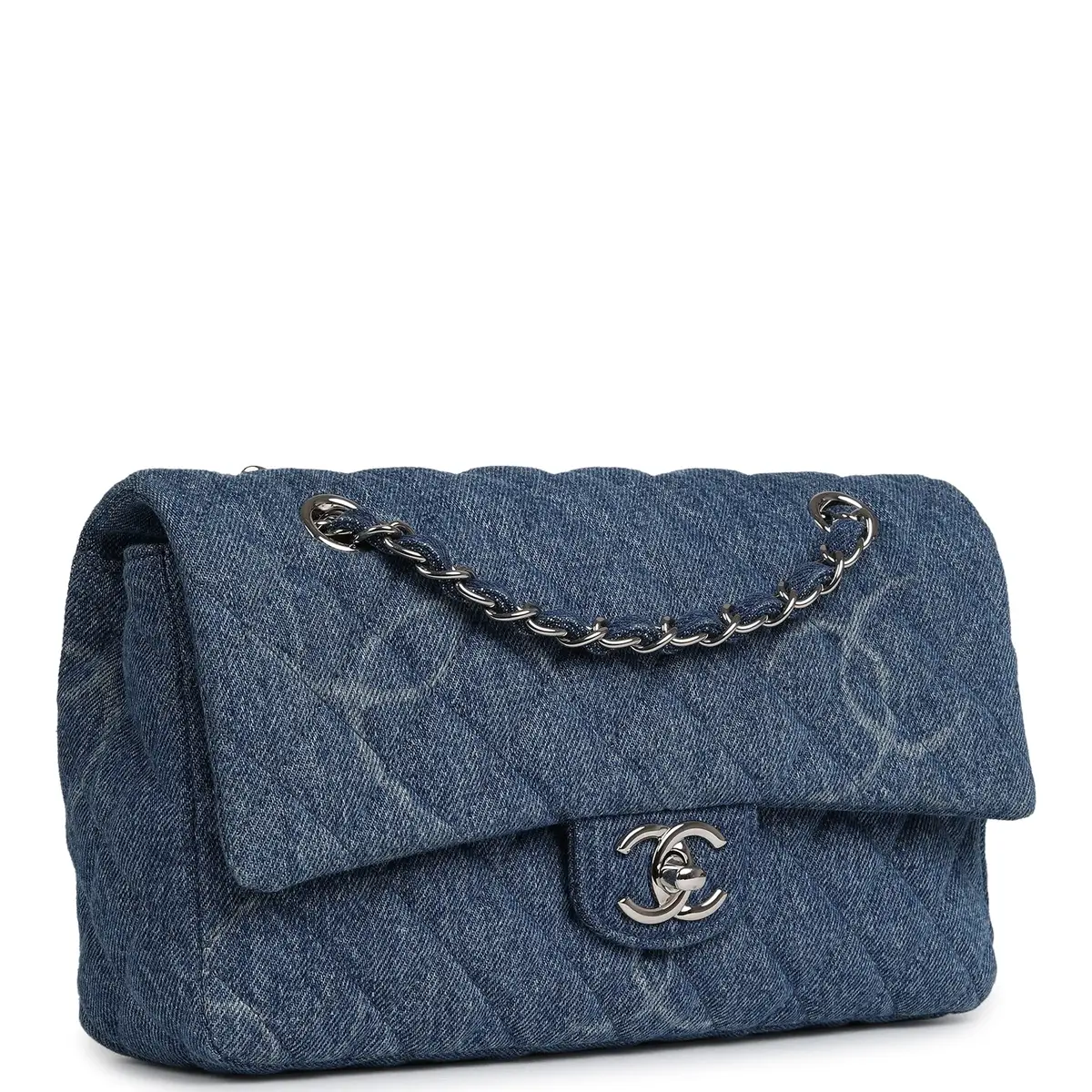 Chanel Pre-owned Chanel Medium Classic "CC Printed" Flap Bag Blue Denim Silver Hardware | Thumbnail 2 Chanel Pre-owned Chanel Medium Classic "CC Printed" Flap Bag Blue Denim Silver Hardware | Thumbnail 2