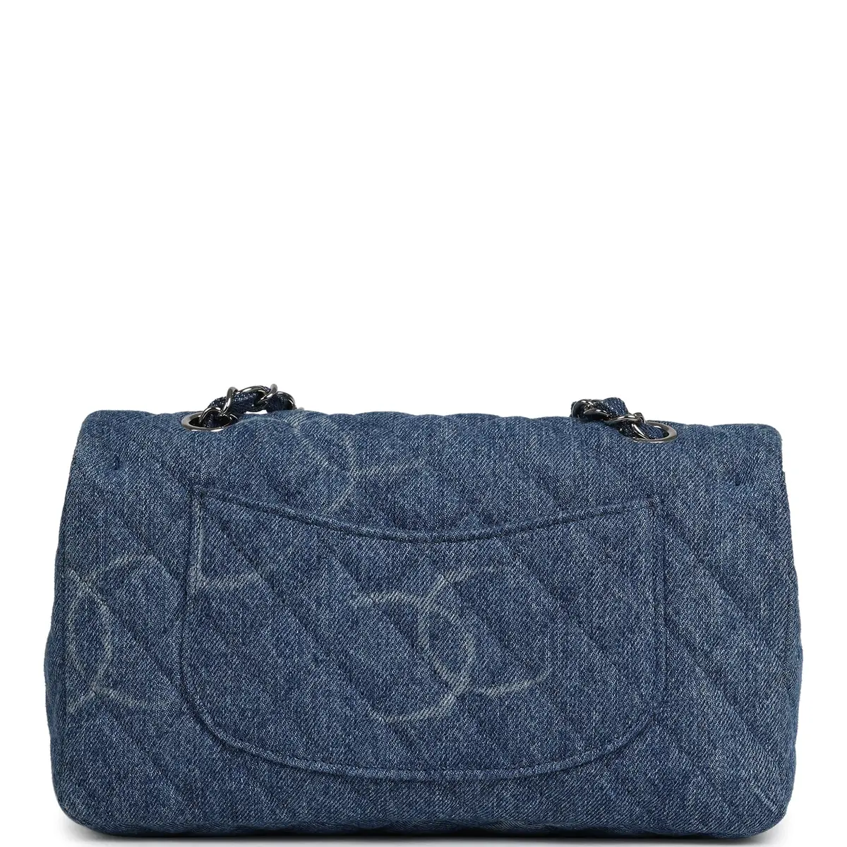 Chanel Pre-owned Chanel Medium Classic "CC Printed" Flap Bag Blue Denim Silver Hardware | Thumbnail 4 Chanel Pre-owned Chanel Medium Classic "CC Printed" Flap Bag Blue Denim Silver Hardware | Thumbnail 4