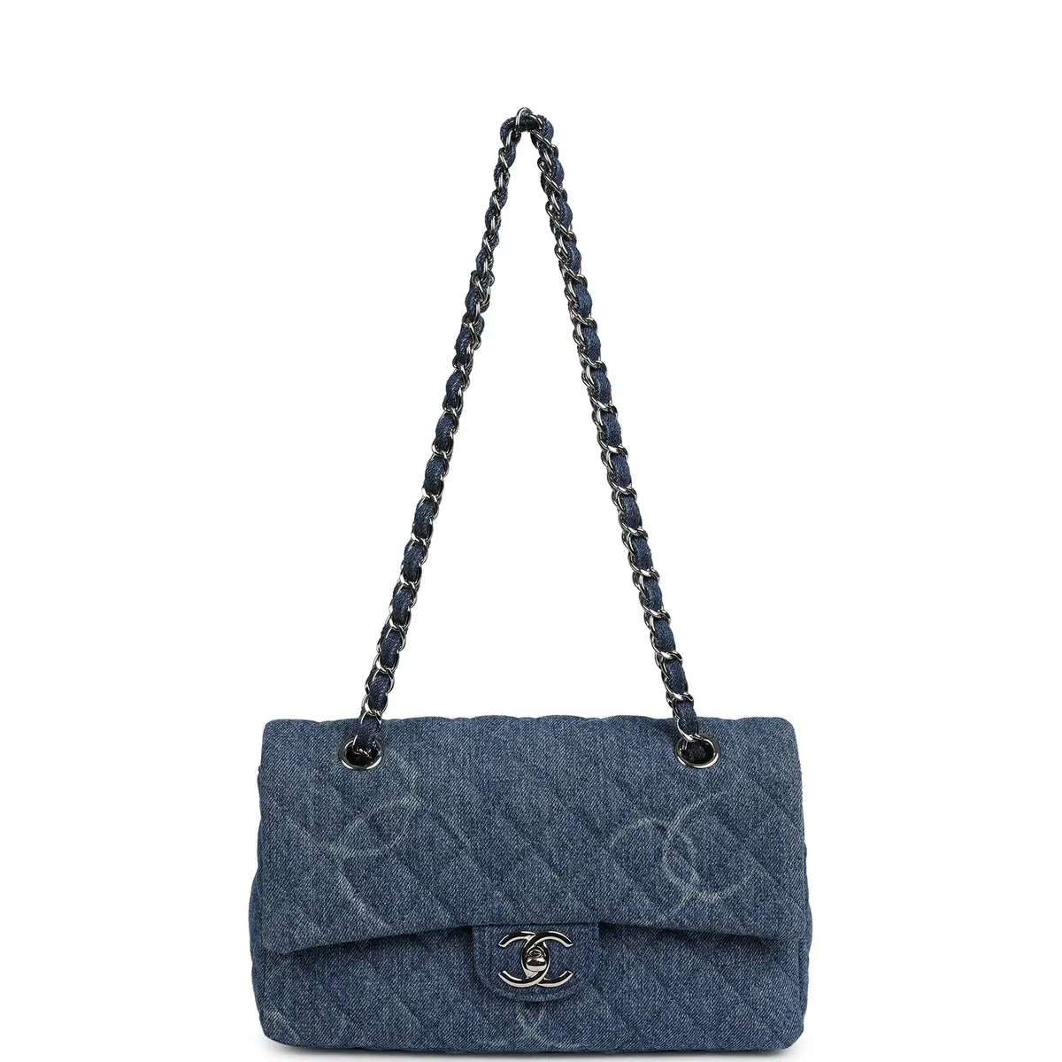 Chanel Pre-owned Chanel Medium Classic "CC Printed" Flap Bag Blue Denim Silver Hardware | Thumbnail 7 Chanel Pre-owned Chanel Medium Classic "CC Printed" Flap Bag Blue Denim Silver Hardware | Thumbnail 7