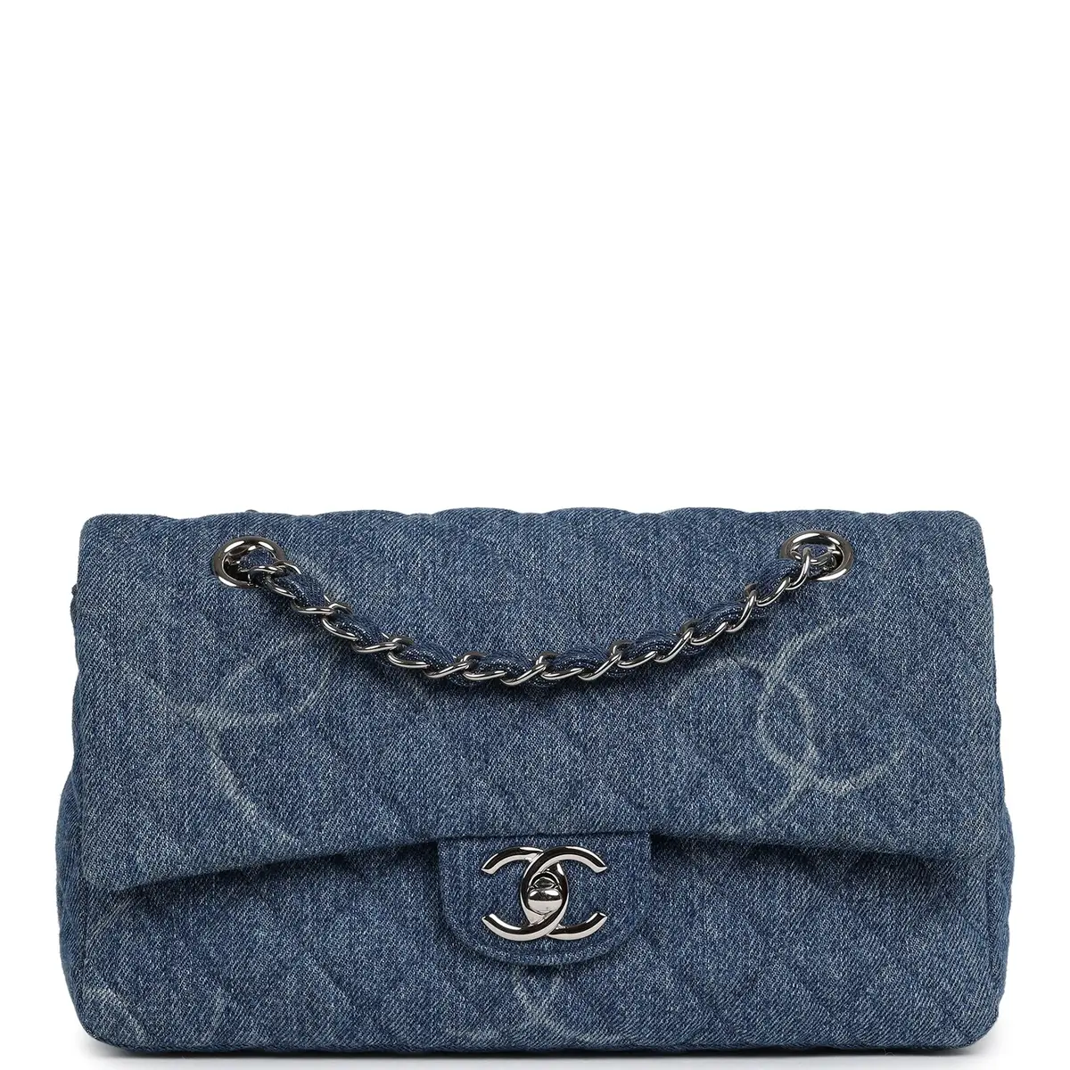 Chanel Pre-owned Chanel Medium Classic "CC Printed" Flap Bag Blue Denim Silver Hardware | Image 1 Chanel Pre-owned Chanel Medium Classic "CC Printed" Flap Bag Blue Denim Silver Hardware | Image 1