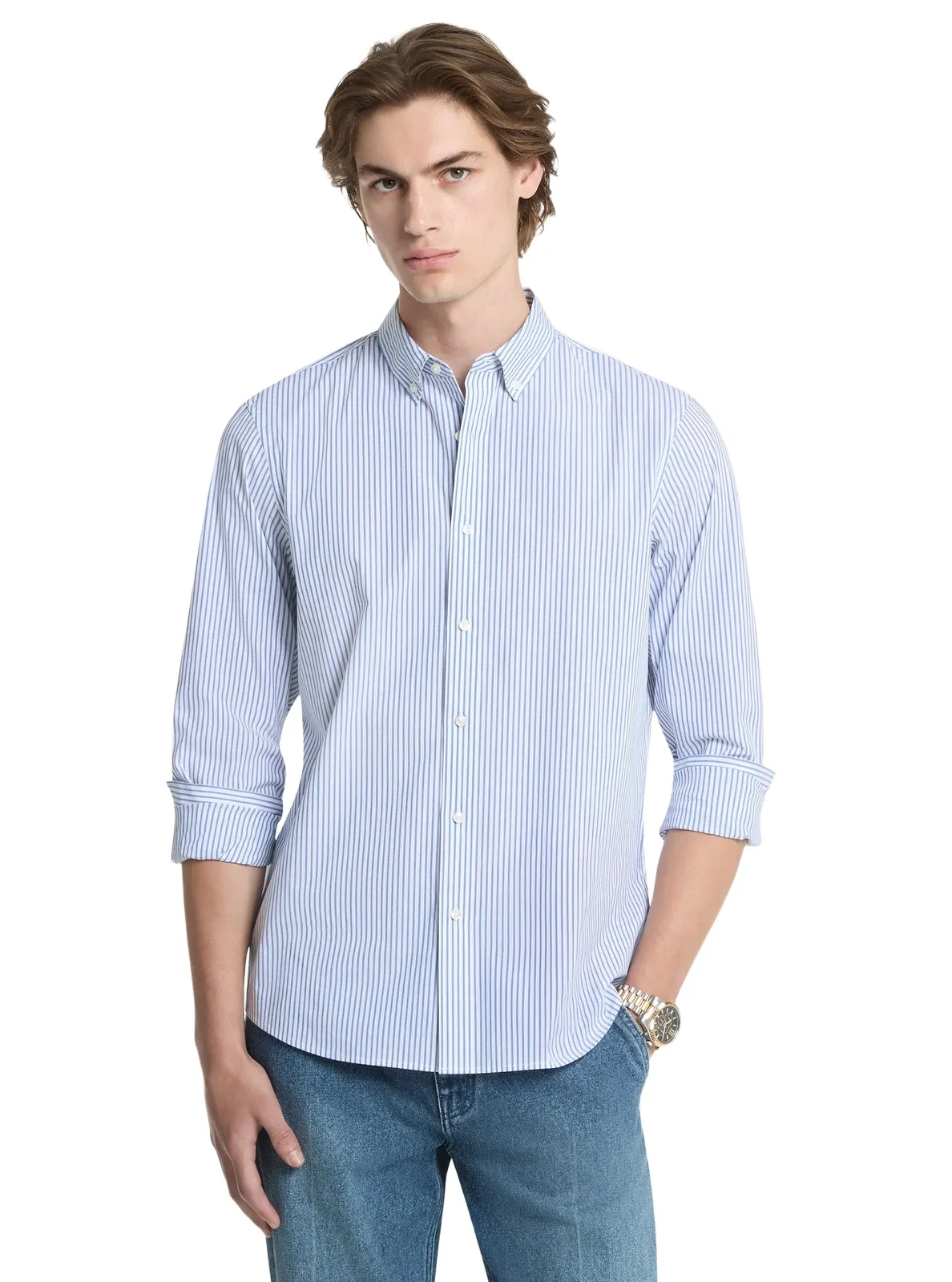 Striped Stretch Cotton Shirt in Blue