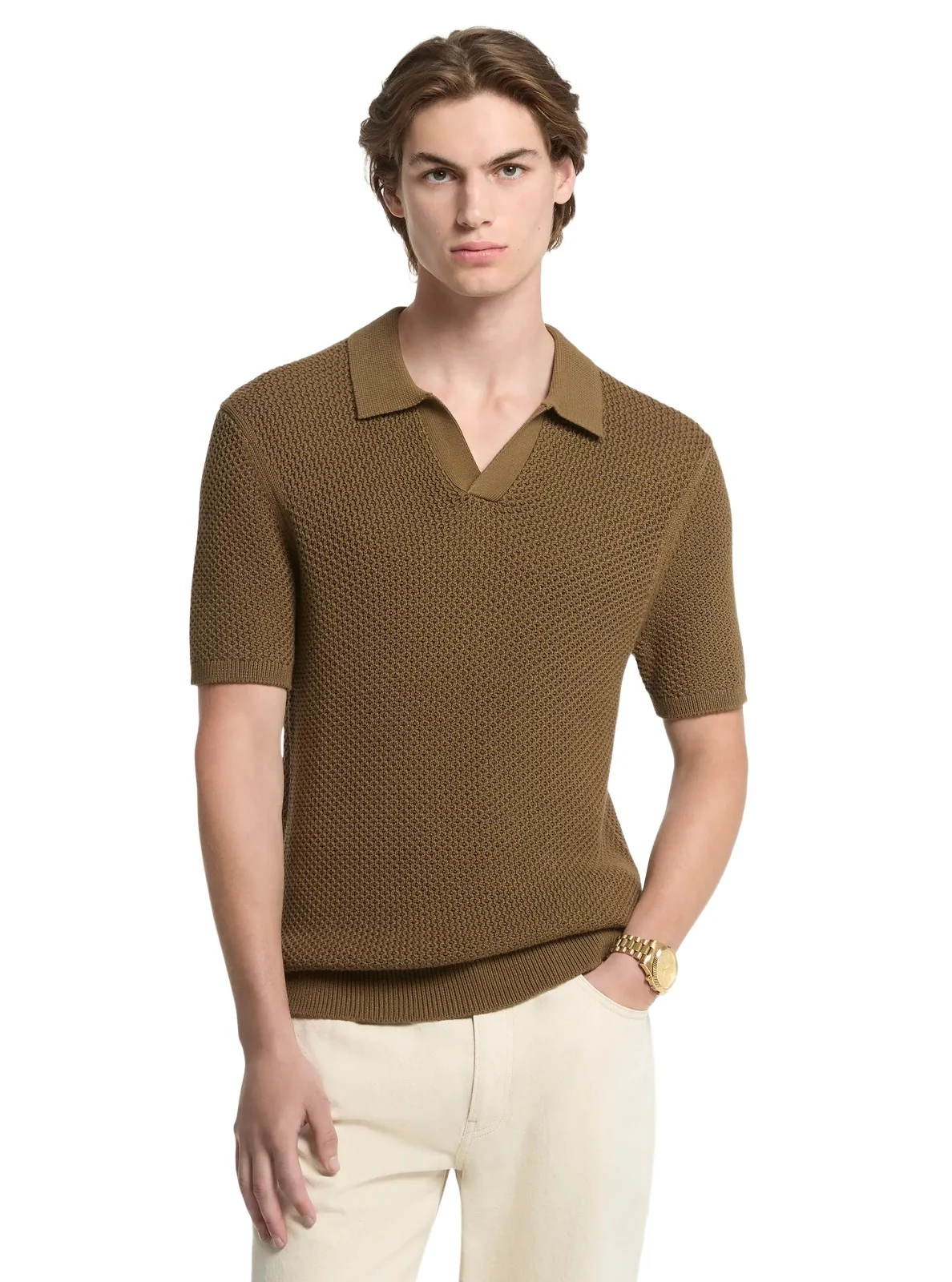 Textured Cotton Johnny Collar Polo Shirt in Green