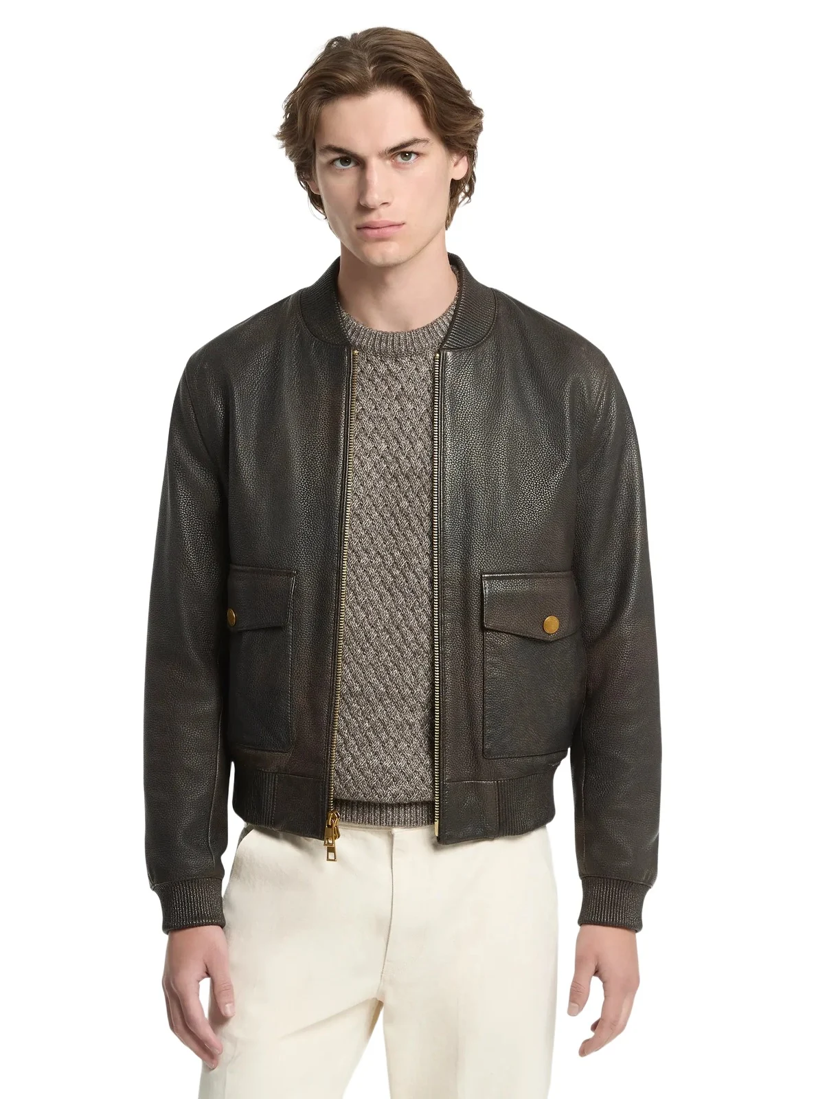 Michael Kors Collection Pebbled Leather Bomber Jacket in Brown