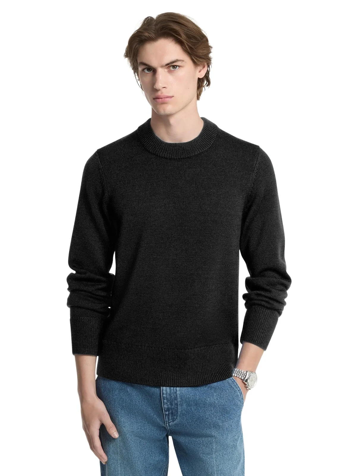 Michael Kors Collection Ribbed Wool Crewneck Sweater in Black