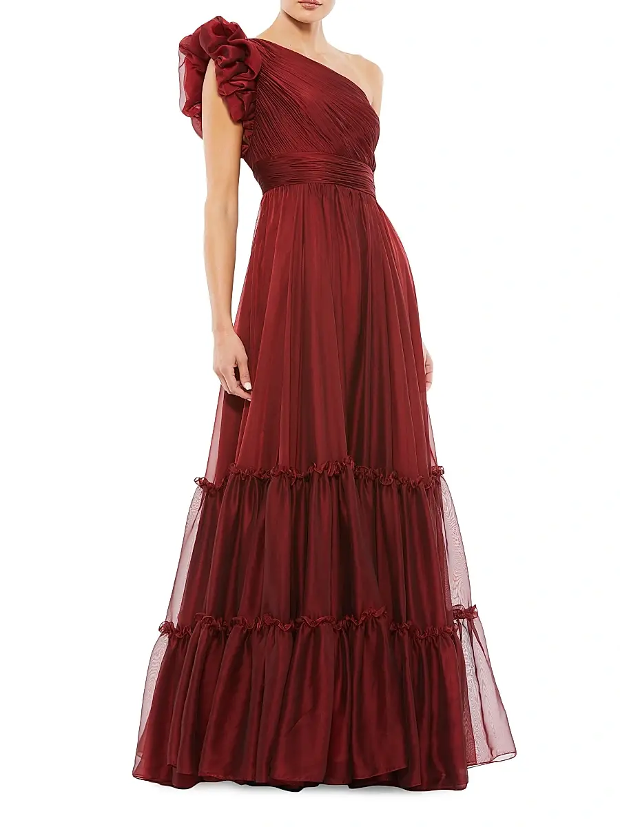 Mac Duggal Women's One-Shoulder Tiered Chiffon Gown - Wine | Image 1 Mac Duggal Women's One-Shoulder Tiered Chiffon Gown - Wine | Image 1