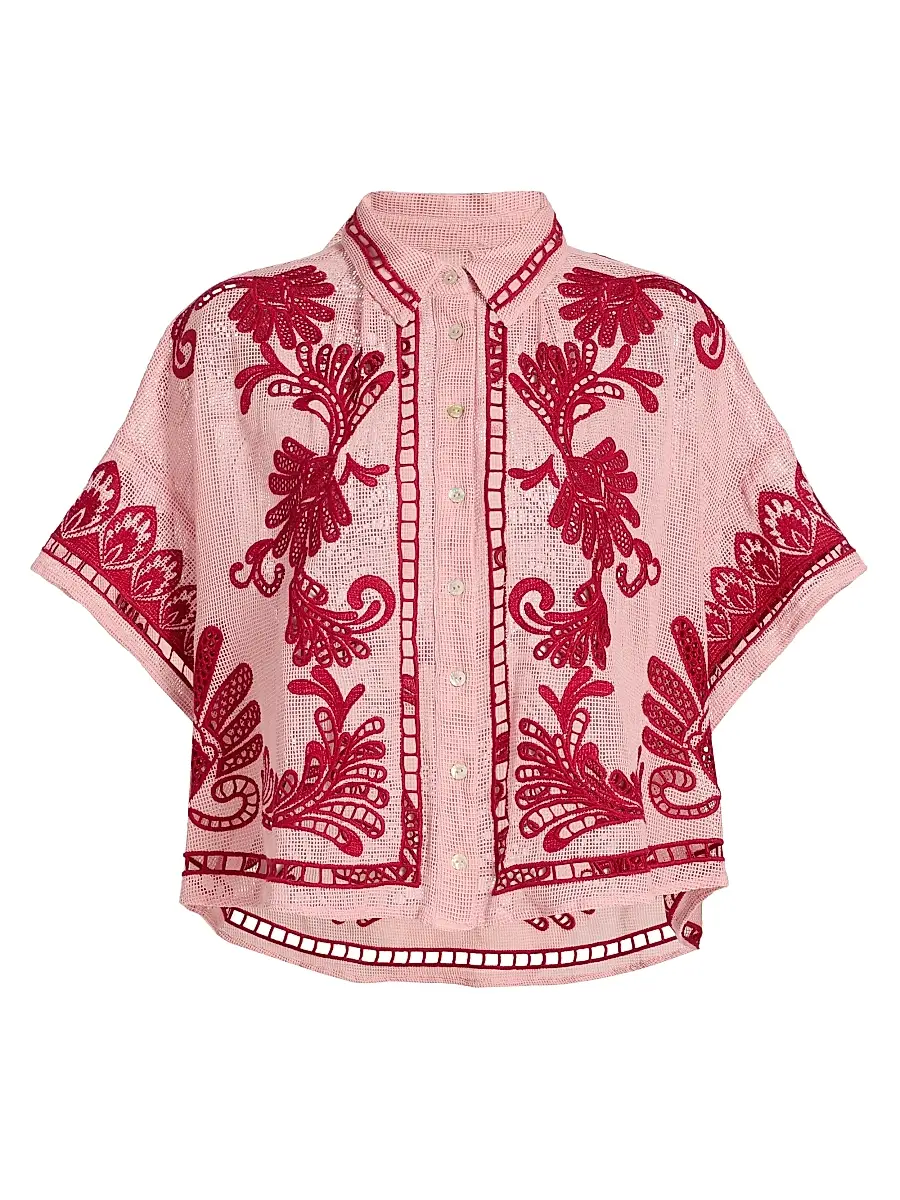 Farm Rio Women's Arabesc Embroidered Blouse - Light Pink | Image 1 Farm Rio Women's Arabesc Embroidered Blouse - Light Pink | Image 1