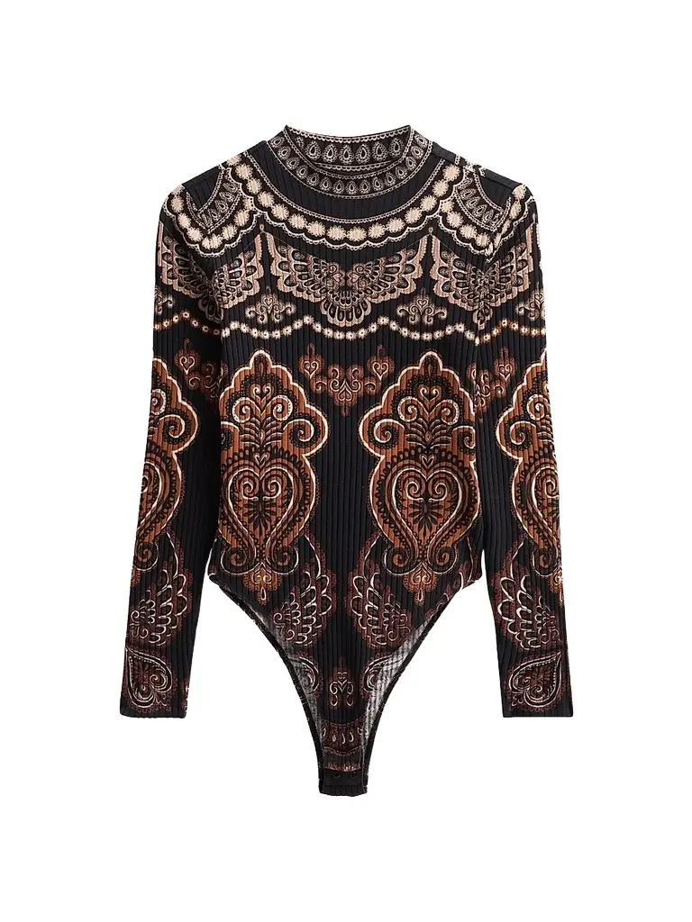 Farm Rio Women's Nicole Paisley Ribbed-Jersey Bodysuit - Black | Image 1 Farm Rio Women's Nicole Paisley Ribbed-Jersey Bodysuit - Black | Image 1