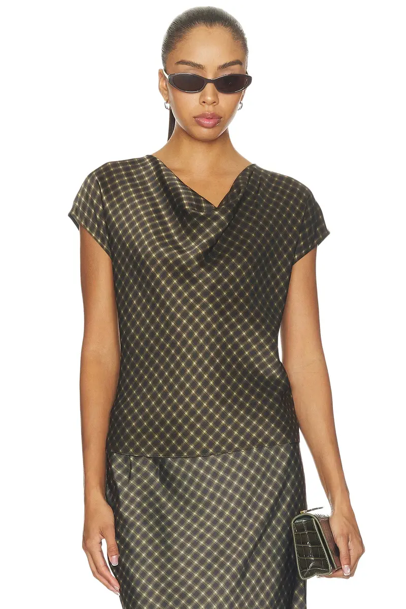 Vince Ombre Plaid On Cowl Neckcap Sleeveless Blouse