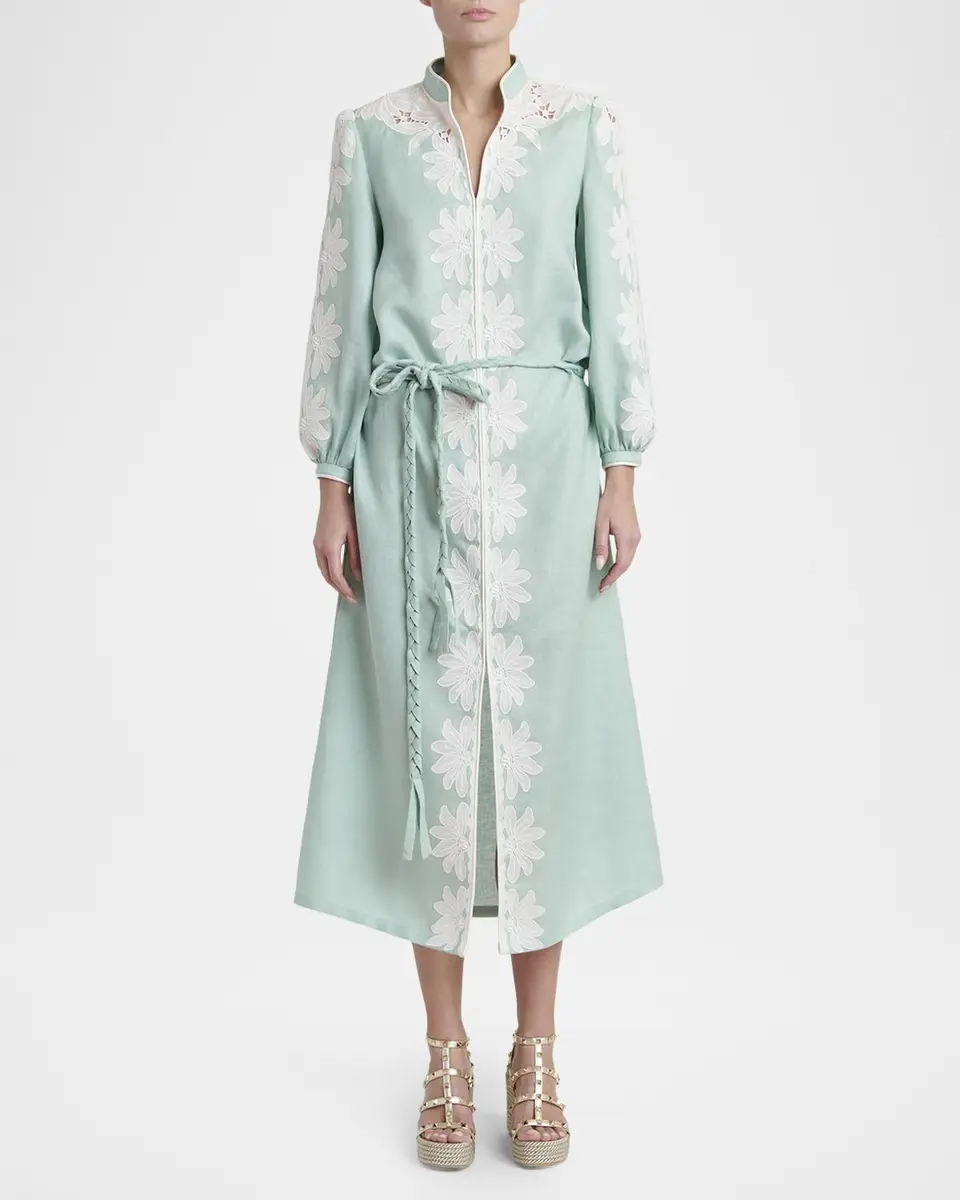 Valentino Garavani Floral Embroidered Linen Belted Midi Dress | Thumbnail 2 Valentino Garavani Floral Embroidered Linen Belted Midi Dress | Thumbnail 2