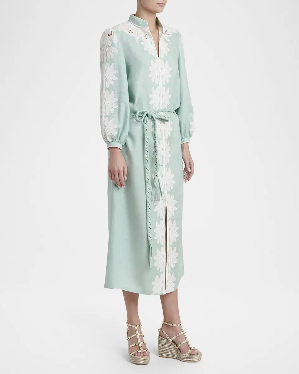 Valentino Garavani Floral Embroidered Linen Belted Midi Dress | Thumbnail 4 Valentino Garavani Floral Embroidered Linen Belted Midi Dress | Thumbnail 4