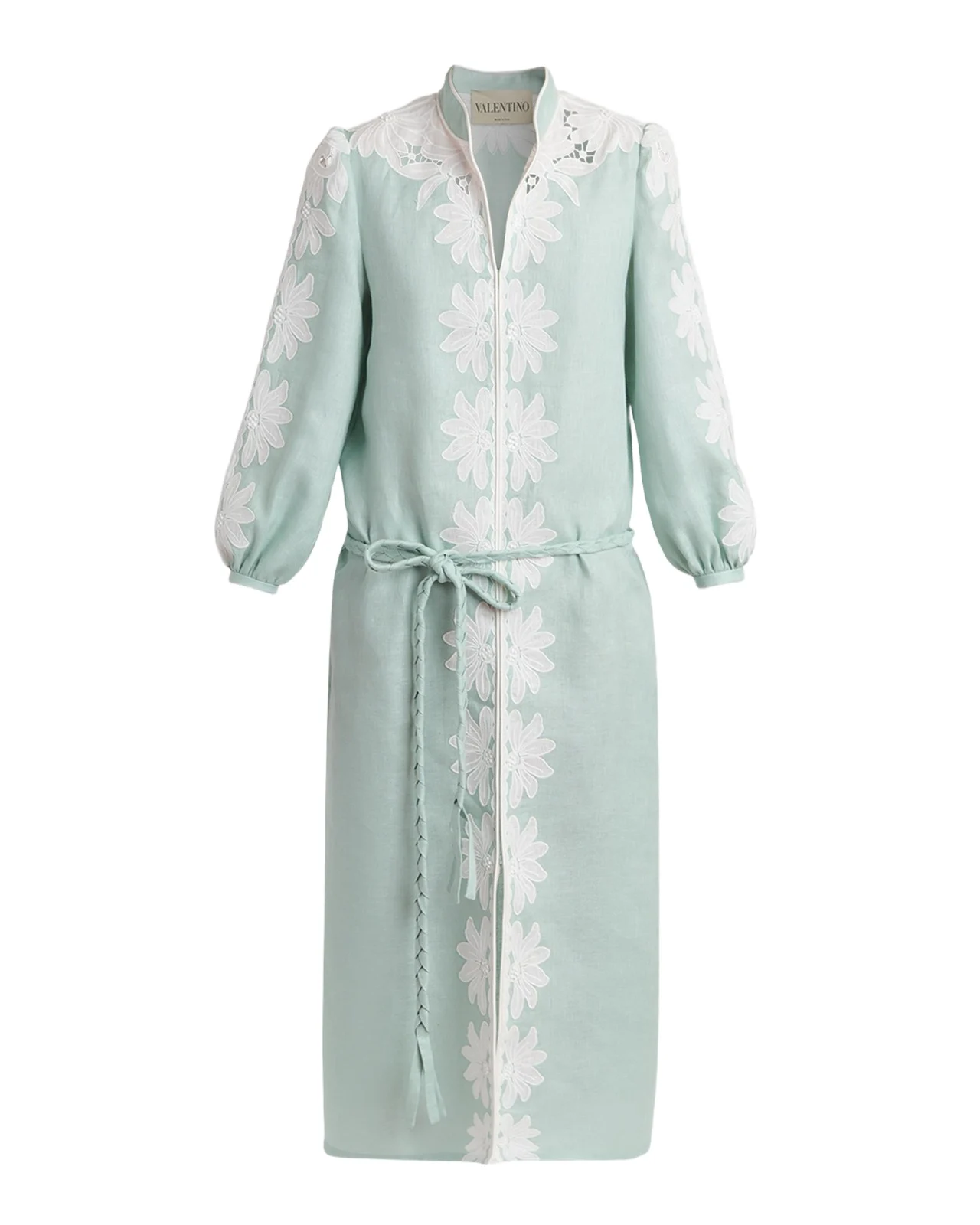 Floral Embroidered Linen Belted Midi Dress