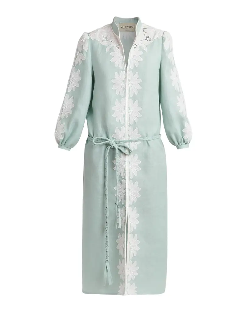 Valentino Garavani Floral Embroidered Linen Belted Midi Dress | Image 1 Valentino Garavani Floral Embroidered Linen Belted Midi Dress | Image 1