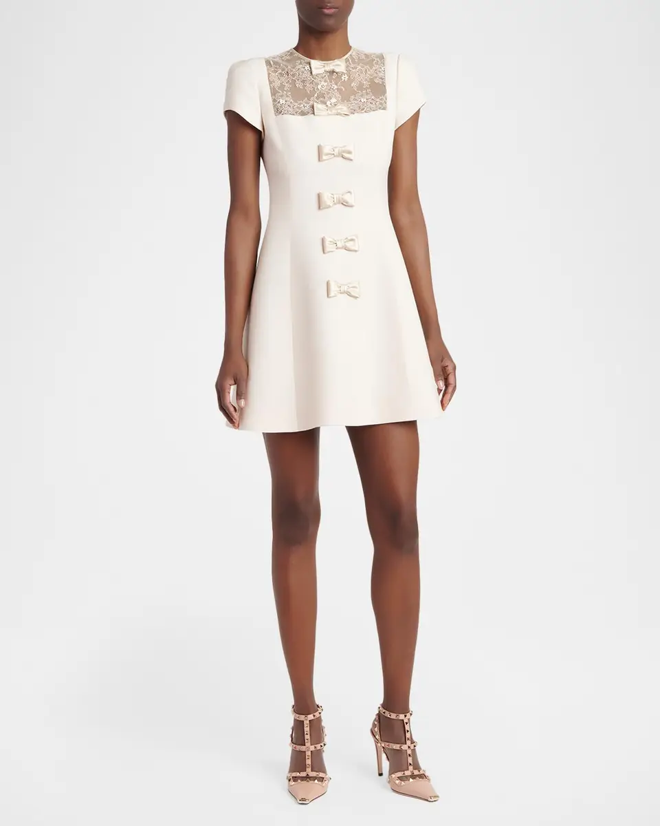 Valentino Garavani Short-Sleeve Lace-Yoke Bow Mini Dress | Thumbnail 2 Valentino Garavani Short-Sleeve Lace-Yoke Bow Mini Dress | Thumbnail 2