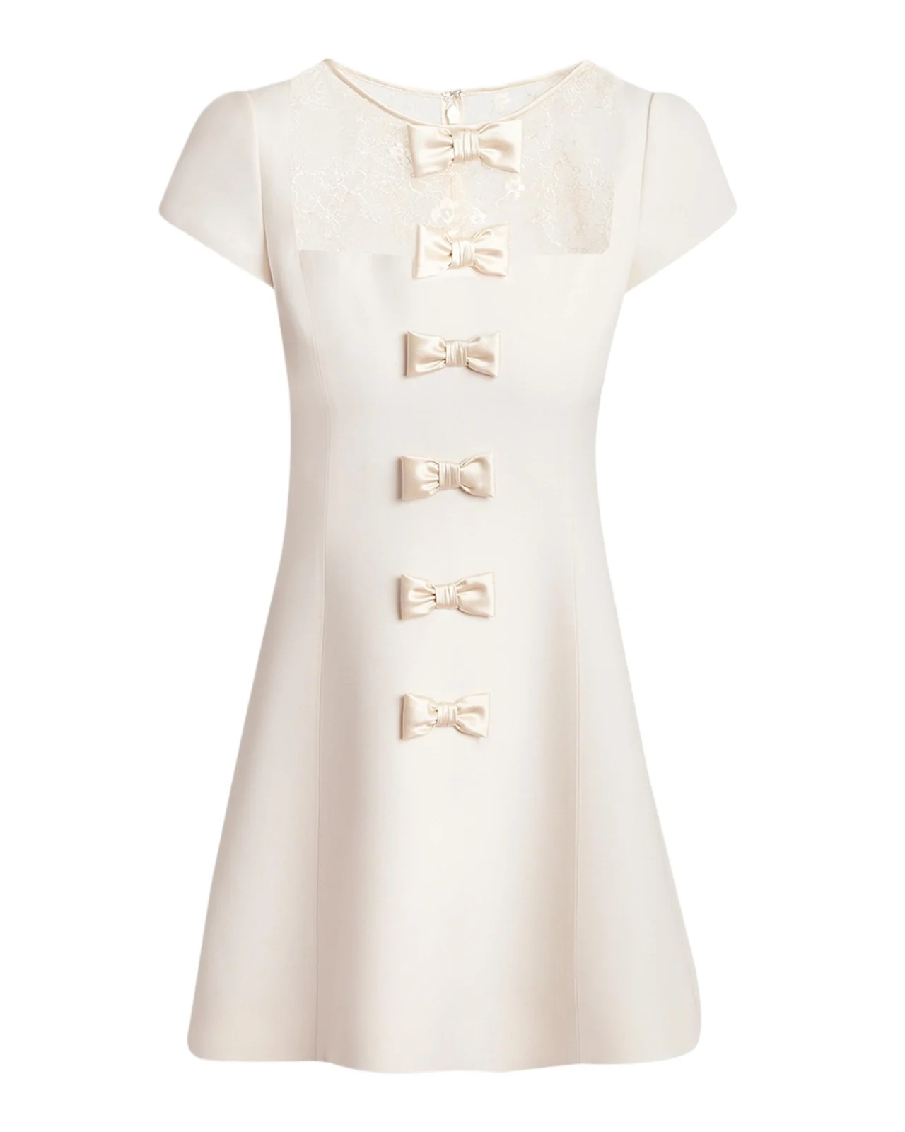 Short-Sleeve Lace-Yoke Bow Mini Dress